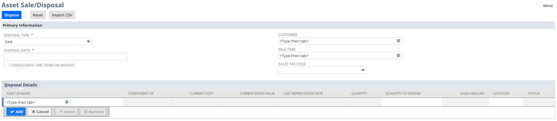 Écran de cession d'actifs sur NetSuite affichant une option permettant de spécifier le code de taxe sur les ventes utilisé lors de la cession de l'actif.