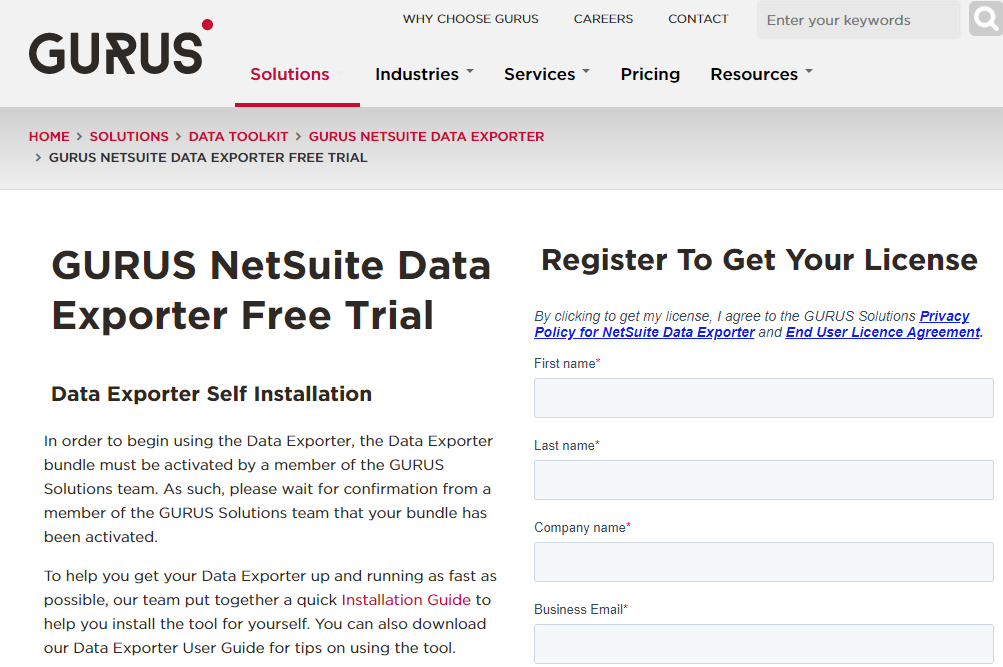 Formulaire d'inscription pour obtenir une licence d'exportateur de données GURUS netsuite