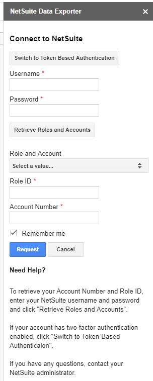 NetSuite data exporter connect request