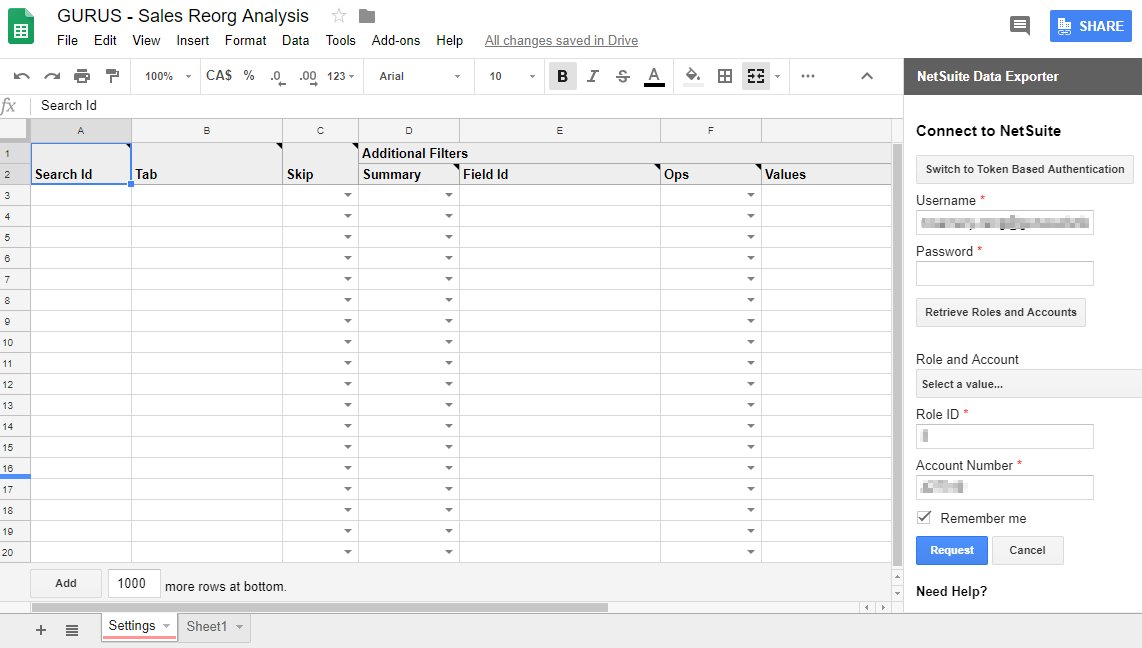 Netsuite data exporter in Google sheets