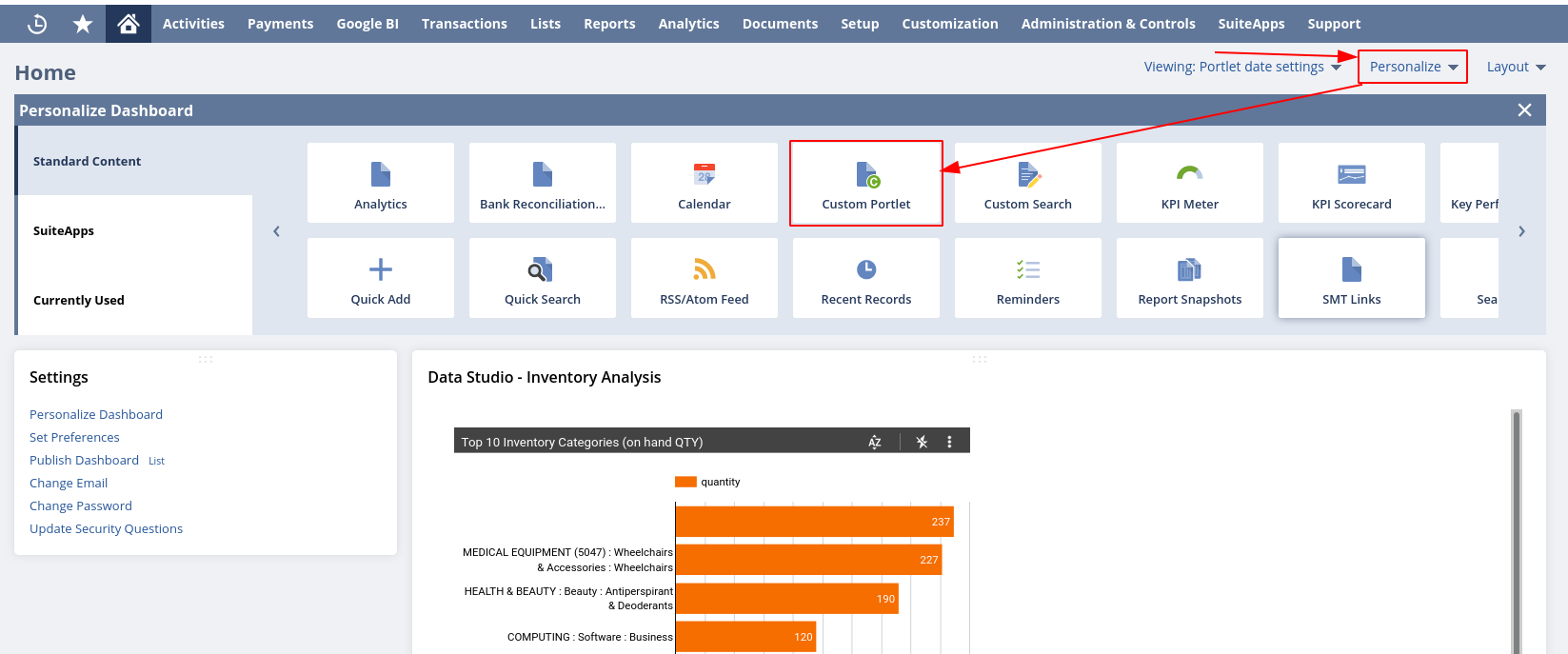 NetSuite home dashboard to setup a personalized portlet for the data exporter