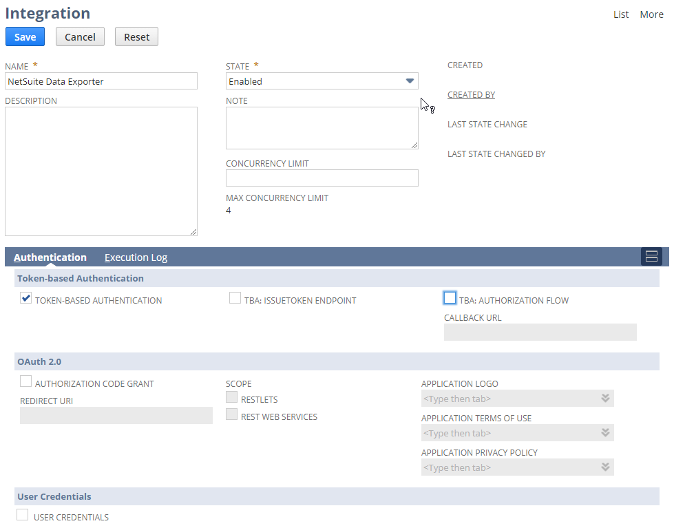 Page « Manage Integrations » sur Netsuite