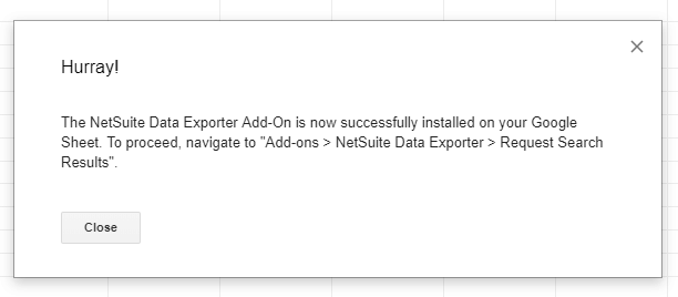 Message d'installation réussie de l'exportateur de données Netsuite