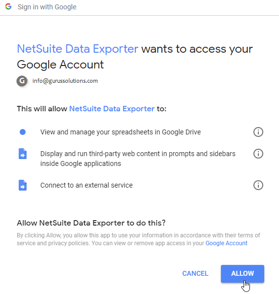 Netsuite data exporter veut accéder au bouton du compte Google
