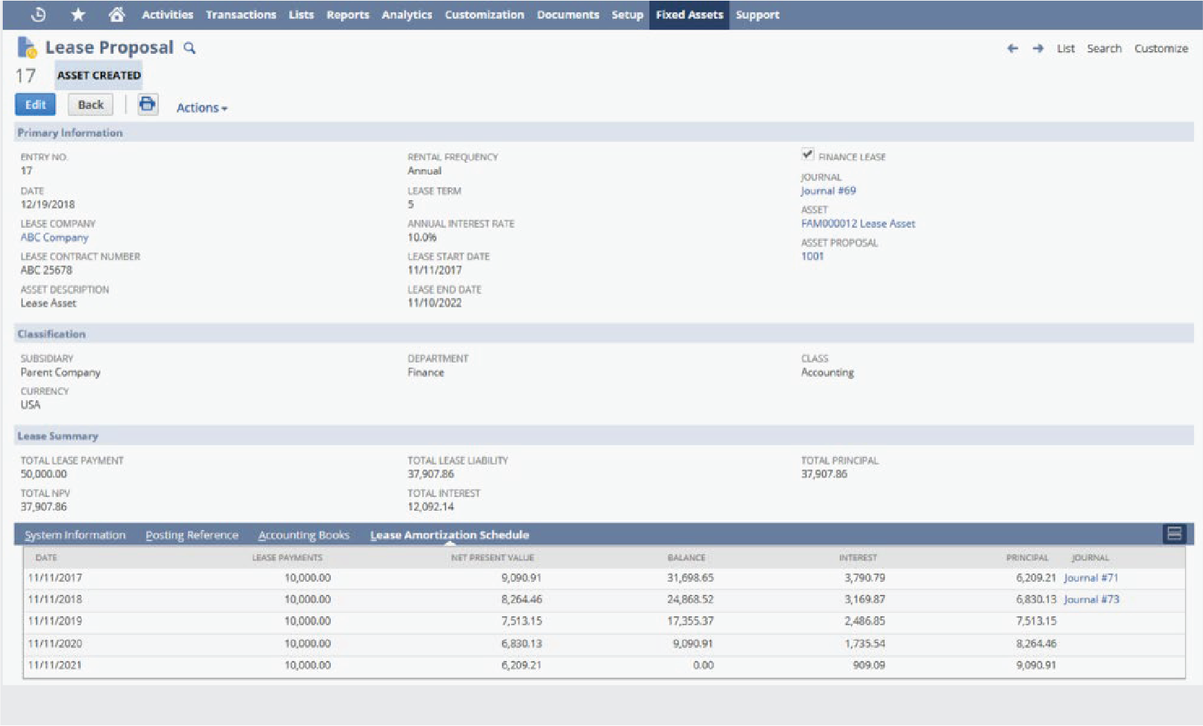 Page NetSuite démontrant la possibilité d'importer des immobilisations à mi-vie