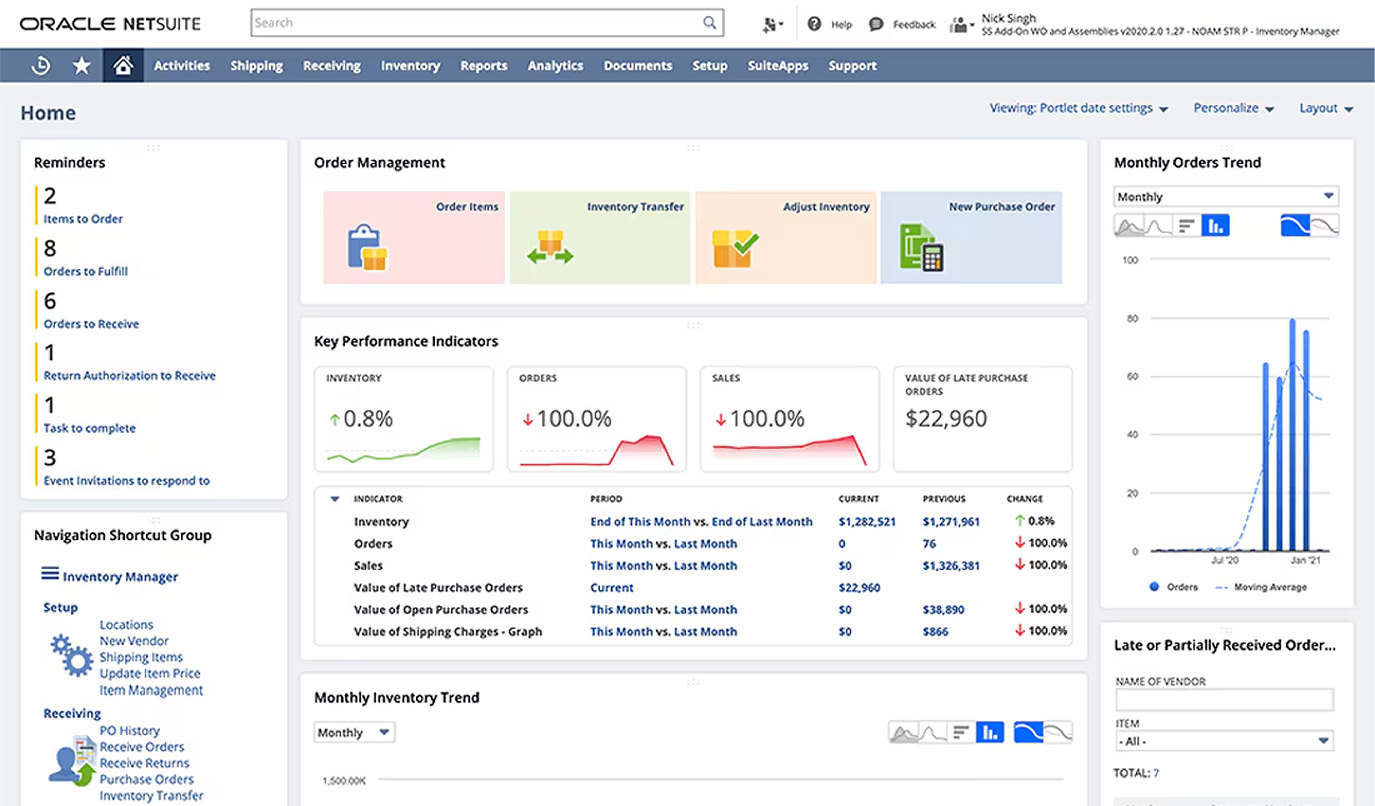 Capture d'écran du tableau de bord Oracle NetSuite montrant les indicateurs clés de performance, les mesures des ventes, les tendances en matière de gestion des commandes et les widgets de suivi des stocks.