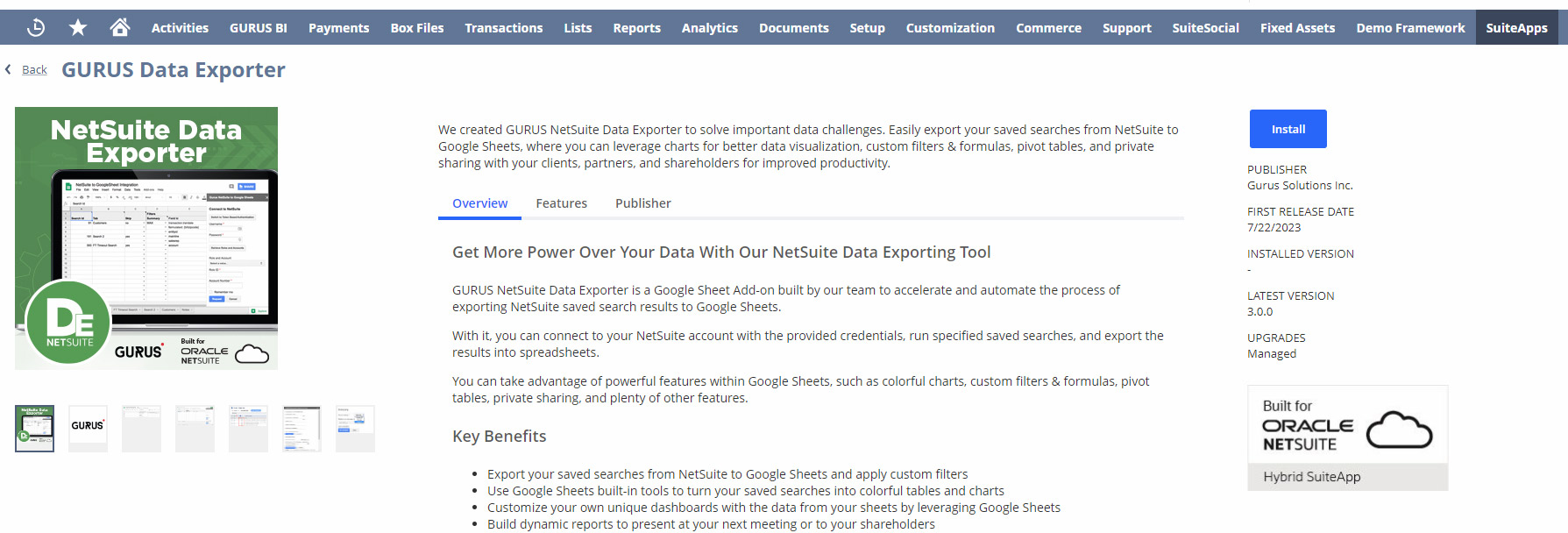 Application GURUS data exporter sur Netsuite